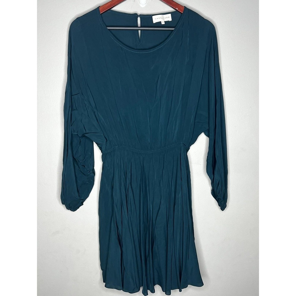 Caballero Mini Dress Womens Small Teal Green Long Sleeve Elastic Waist Boho Chic